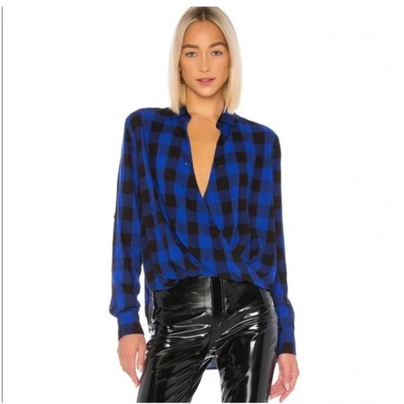 Rag & Bone Blouse S/P Camille Buffalo Check Blue & Black Hi/Low Blouson Shirt - Picture 1 of 8